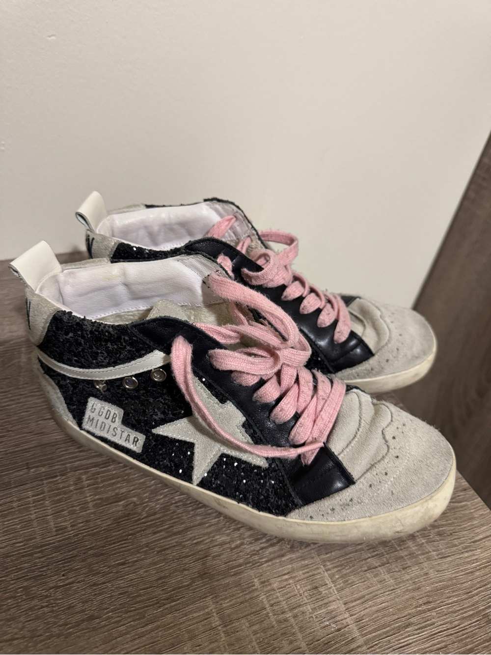 Golden Goose Mid Star High-Top Sneakers in Black, Gray & Pink